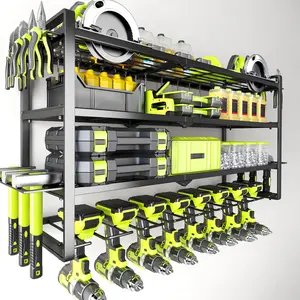 Large Wall-Mounted Power Tool Organizer, Multi-Layer Heavy-Duty Metal Rack with 400 lbs Capacity, Battery Storage Shelf & Multiple Cordless Drill Slots, Utility Tool Rack for Garage and Workshop