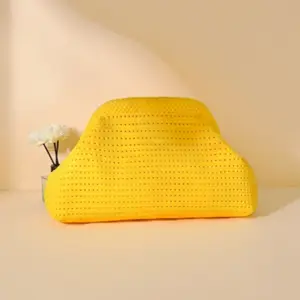 [Fashion Knitted Bag] Casual Fashion Knitted Beach Evening Bag, 1pc, Women Solid Color Hollow Out Handbag | Portable Storage Cosmetic Bag, Vacation Style Pleated Underarm Cloud Bag, Beach Party Bag, Travel Essential, Shopping Essential, Holiday Gift Bag,