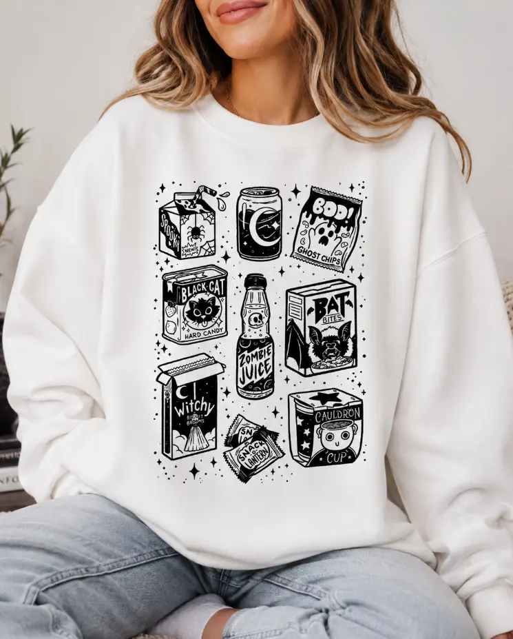 Retro Spooky Halloween Snack Juice Sweatshirt, Vintage Ghost Drink Graphic Crewneck, Cozy Fall Halloween Gift for Women & Men