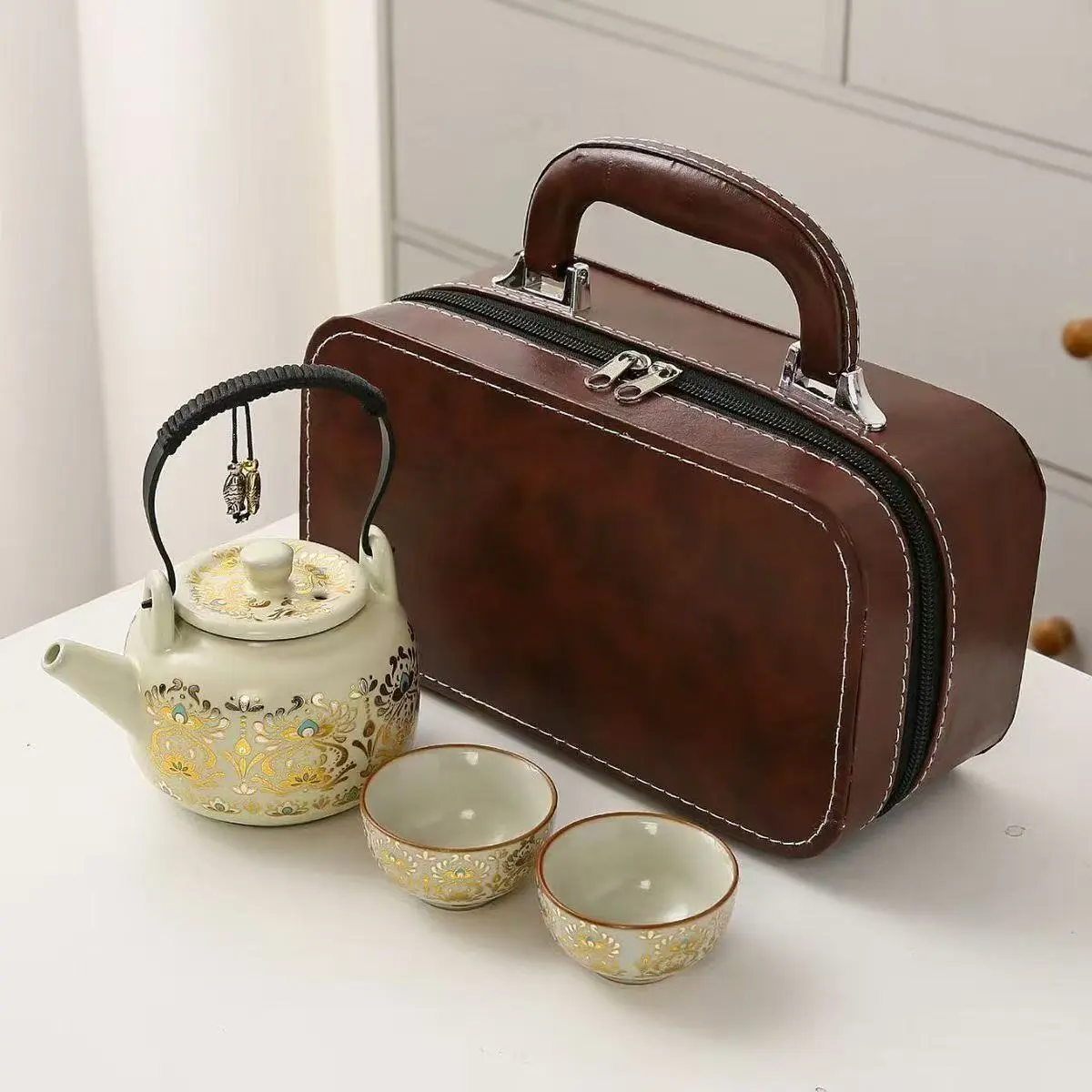 Ruyao Compact Travel-Ready Tea Set - Portable Outdoor Camping Gift Box with Elegant Teapot, Cups in Stylish Brown Case for Easy Transport (Home Supplies, Home Decor)