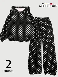 Polka Dot Hoodie Set, American Retro Casual Two-Piece Set, Loose Short Hoodie + High-Waisted Wide-Leg Pants, Fall & Winter Fashion