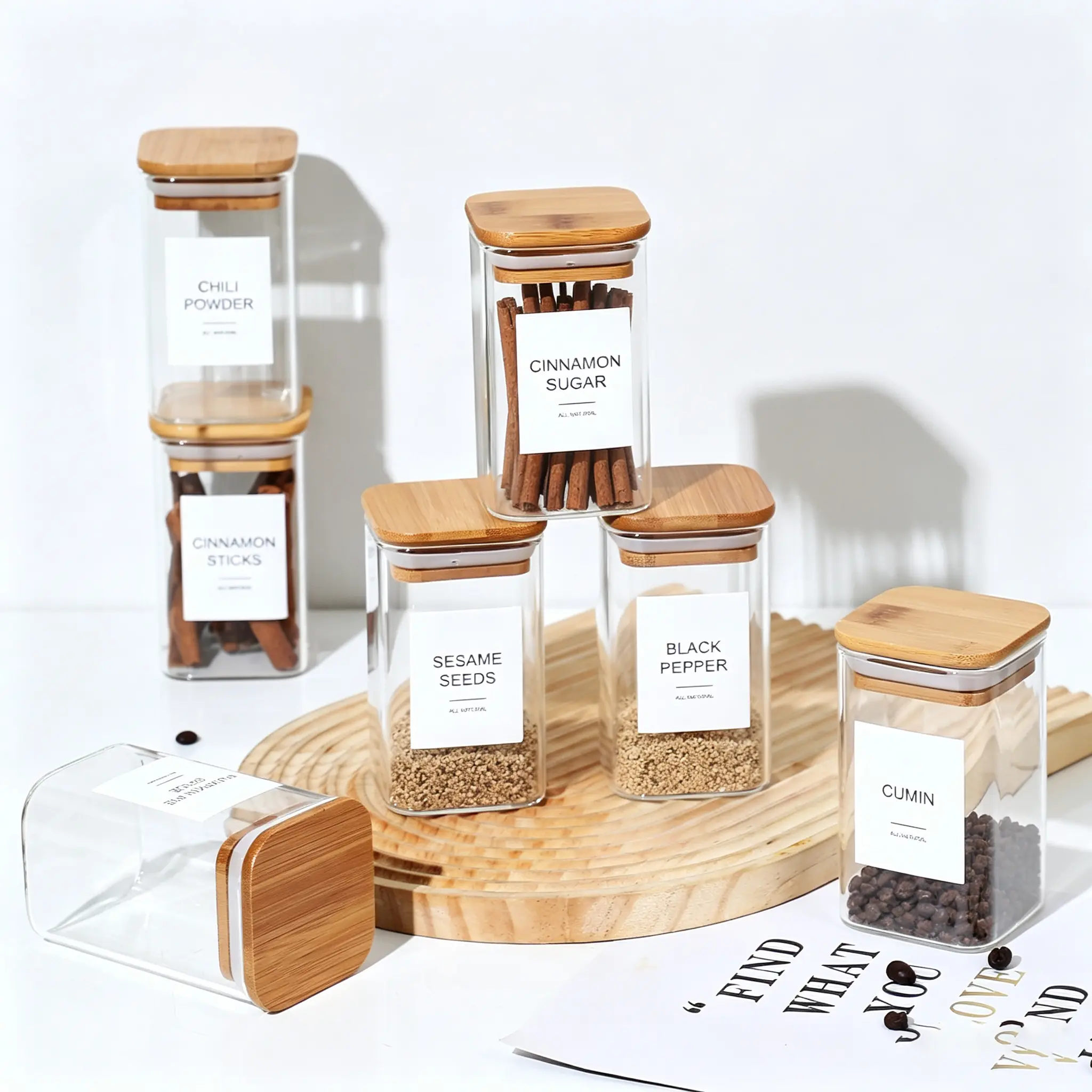 18-Piece Square Borosilicate Glass Sealing Jar Set - 8oz Transparent Seasoning Jars with Bamboo Lids & Labels, Suitable for Storing Sugar, Salt, Coffee Beans (Kitchen Preserving Containers)
