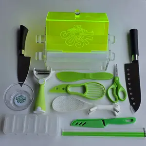 2 Minute Sushi Compact Efficient Sushi Maker Kit (14 Pieces) - Green & White Acrylic Design, Dishwashable, Easy Assembly & Storage, Includes Avocado Tool & 5-Pc Bento Box Mold, Kitchen Utensil Machine