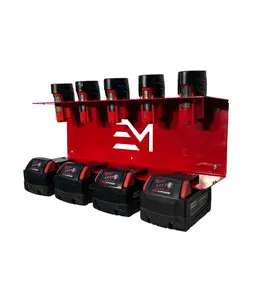 Milwaukee M18 & M12 Battery Holder - Heavy Duty Cold Rolled Steel, Gloss Red Powder Coat, Holds 5 M12 & 4 M18 Batteries, Tool Accessories, USA Made