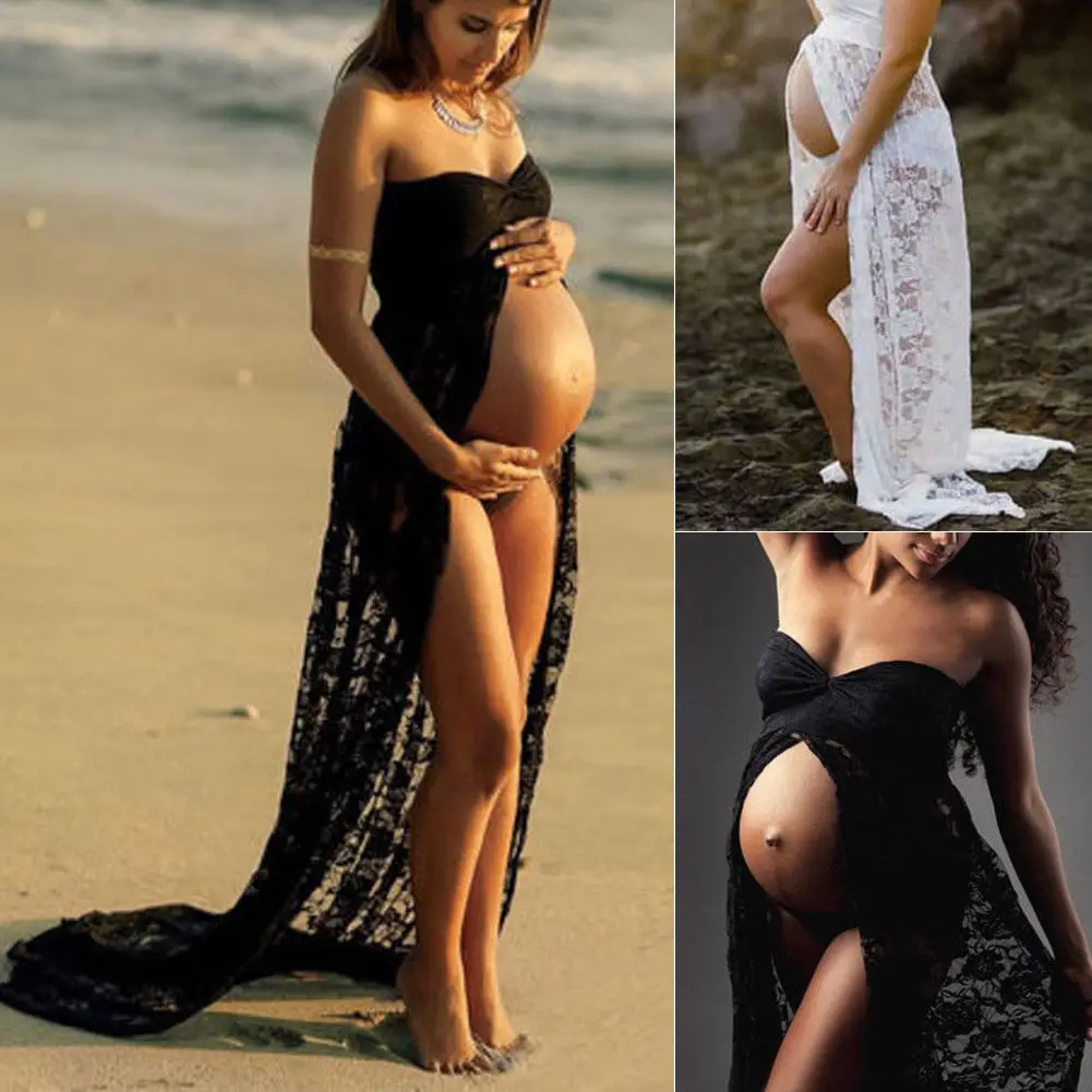 Women Ladies Photography Prop Pregnancy Off Shoulder Sleeveless Lace Dress Gown Maternity