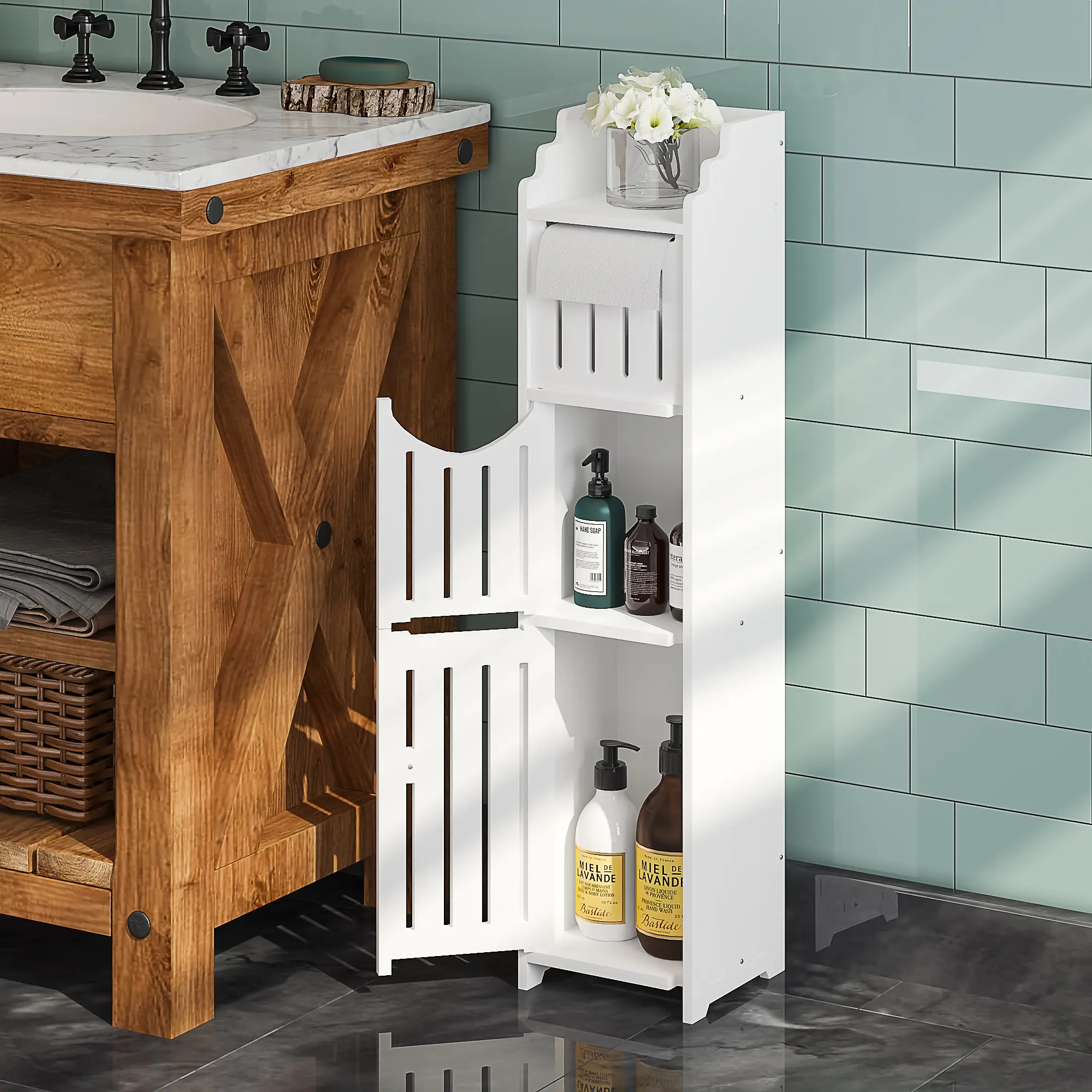 VECLEO Bathroom Storage Cabinet WaterProof: Small Bathroom Storage Cabinet for Small Space-Toilet Paper Cabinet Fit for Small Roll,White