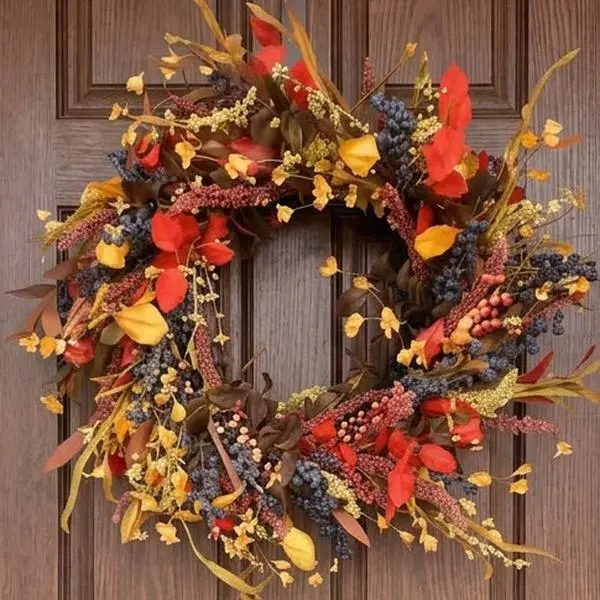 Thanksgiving Fall Wreath with Berries & Leaves, Hook Included, Festive Home Decor for Porch Wall, Room Decor