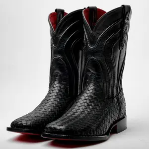 Black Basketweave Leather Boots - Square Toe