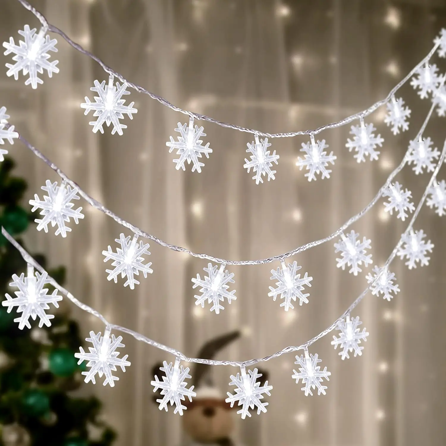 2-Pack Snowflake String Lights with 100 LEDs – 4-Tier Hanging Fairy Curtain Lights for Window, Bedroom & Holiday Decor | Cozy Ambient Lights for Parties & Room Decor