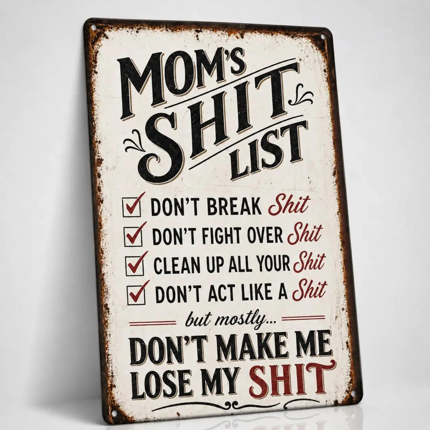 Vintage Mom Rule Tin Sign - To-Do Reminder List, Mothers Day Gift Ideas, Home Decor, Cool Room Decor, Room Accessories, Outdoor Home Supplies Plaque
