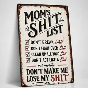 Vintage Mom Rule Tin Sign - To-Do Reminder List, Mothers Day Gift Ideas, Home Decor, Cool Room Decor, Room Accessories, Outdoor Home Supplies Plaque