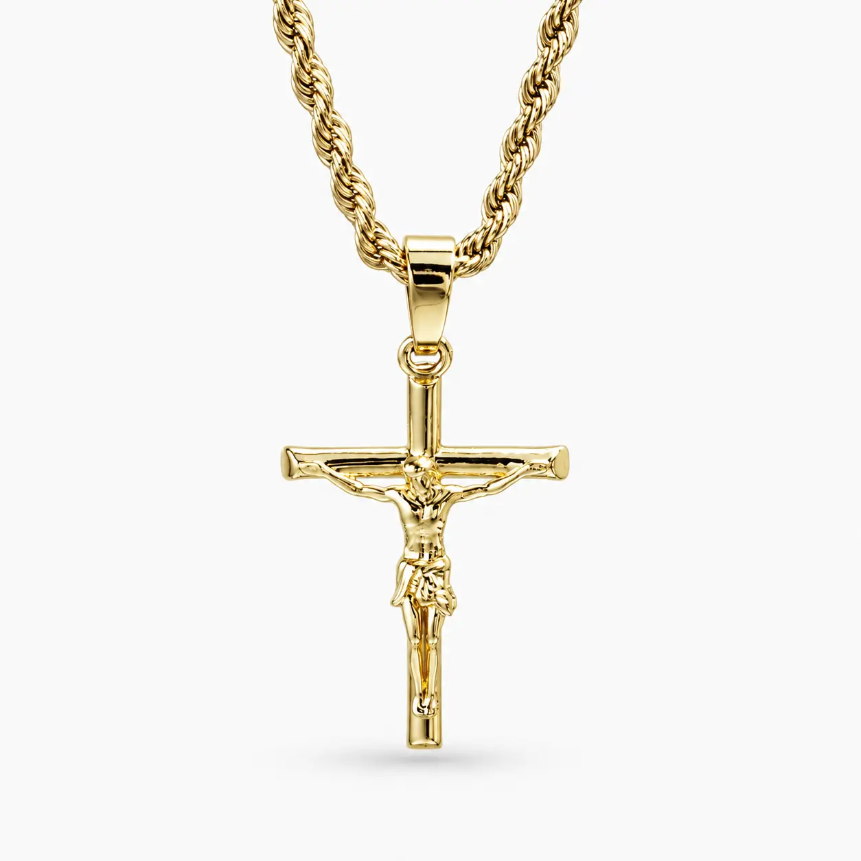 18K Gold Plated Crucifix Cross Necklace - Stainless Steel Chain, Christian Religious Faith Jewelry, Gift for Men