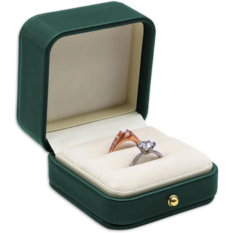 Ring Box Wedding Engagement Box Green, Square Leather Velvet Jewelry Ring Bearer Box, Premium Gorgeous Vintage Double Slots Ring Box for Proposal, Ceremony, Anniversary, Gift Organiser