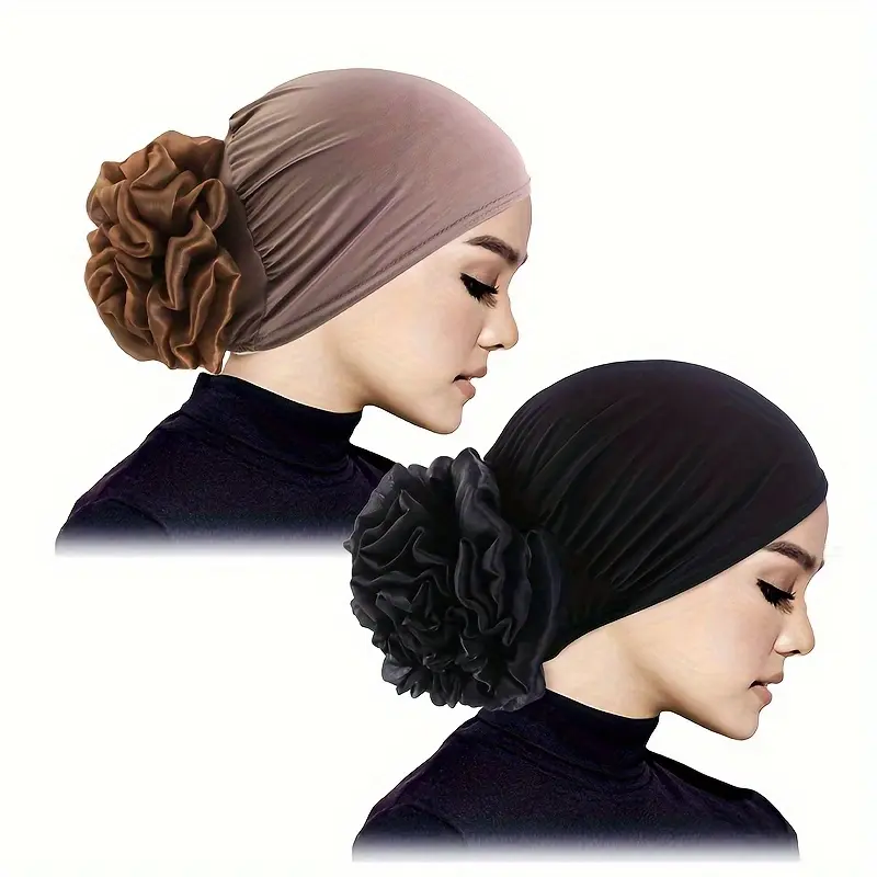 Women's Muslim Hijab Undercap 2pcs Set - Stretch Jersey Turban Cap with Flower Ruffle Back, Breathable Polyester Elastic Pre-Tied Feminized Decorated Double-Colored Casual Comfortable Head Scarves, Beige & Black Graduation Accessory, Casual Head Scarves