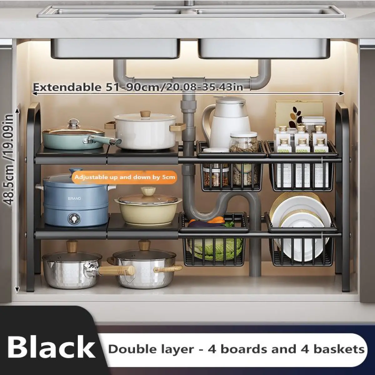 Expandable Under Sink Organizer, 2 Tier Under Sink Shelf with 4 Removable Baskets and 4 Removable Panels for Cabinet Sink Cloakroom Wardrobe Closet Storage