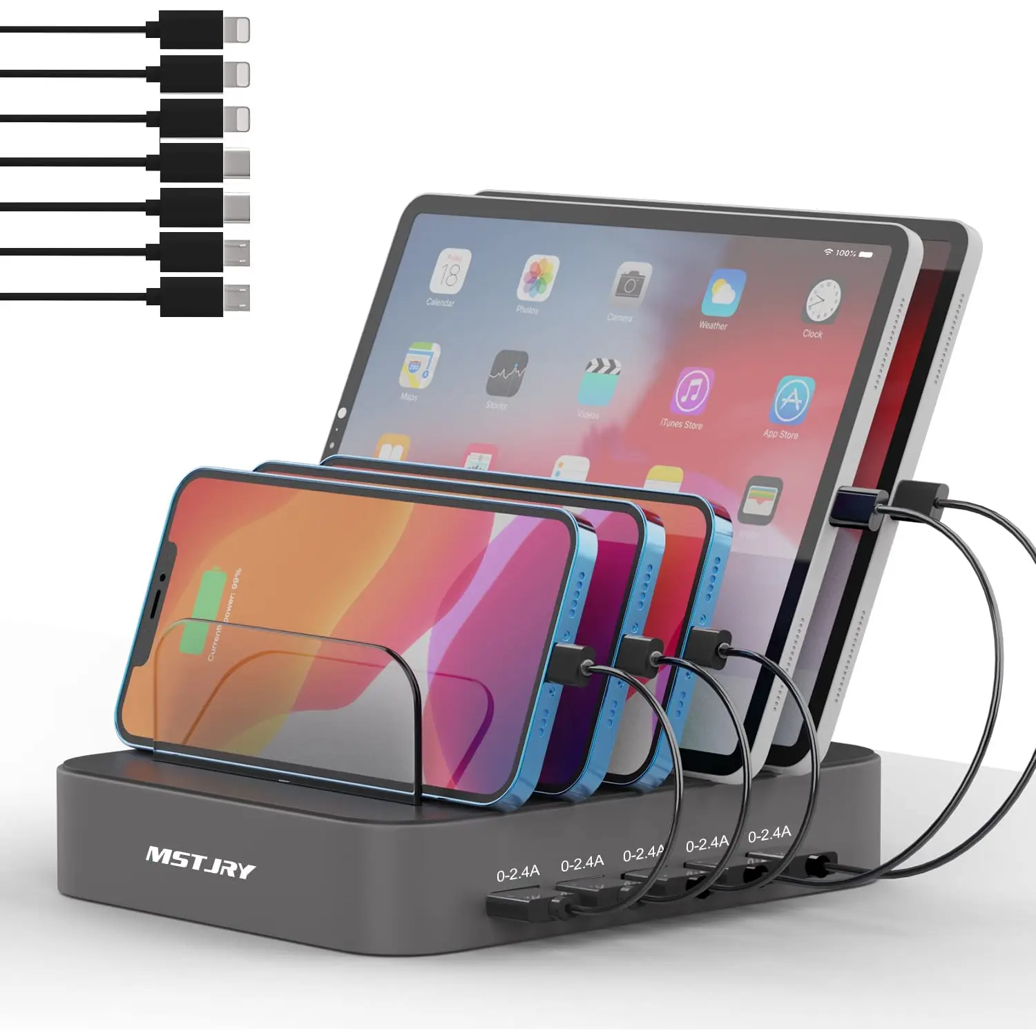 Charging Station for Multiple Devices, MSTJRY 5 Port Multi USB-A Charger Station with Power Switch Designed for Iphone Ipad Cell Phone Tablets (Gray, 7 Mixed Short Cables Included) MSTJRY
