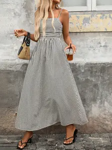 [Graduation Season] Chic Elegant Striped Mesh Spaghetti Strap Sleeveless Halter Dress, Ruffled Hem, Perfect for Weddings & Summer Parties, Women's Fitted Summer Dress, Womenswear
