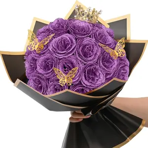 Artificial Fake Flowers  Glitter Roses Bouquet, DIY Lilac Fake Flowers Bouquet, Valentine's Day Gift Everlasting Shiny Artificial Rose Bouquet for Valentines, Mother's Day Gift,Christmas Decoration 24 Roses Decorative Bouquet