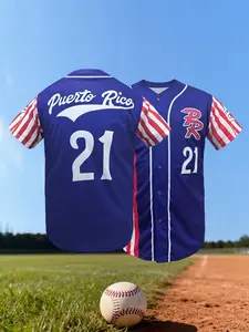 Puerto Rico 21 Embroidered Vintage Baseball Shirt, High-Quality Baseball Jersey, V-Neck Loose Fit, Breathable Sportswear, Embroidery Jersey, Unisex, All Seasons