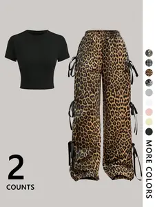 Women’s crop tee and wide-leg pants two-piece set, casual matching set featuring a cozy round-neck short-sleeve T-shirt and trousers for daily outdoor wear—women’s clothing suitable for all seasons