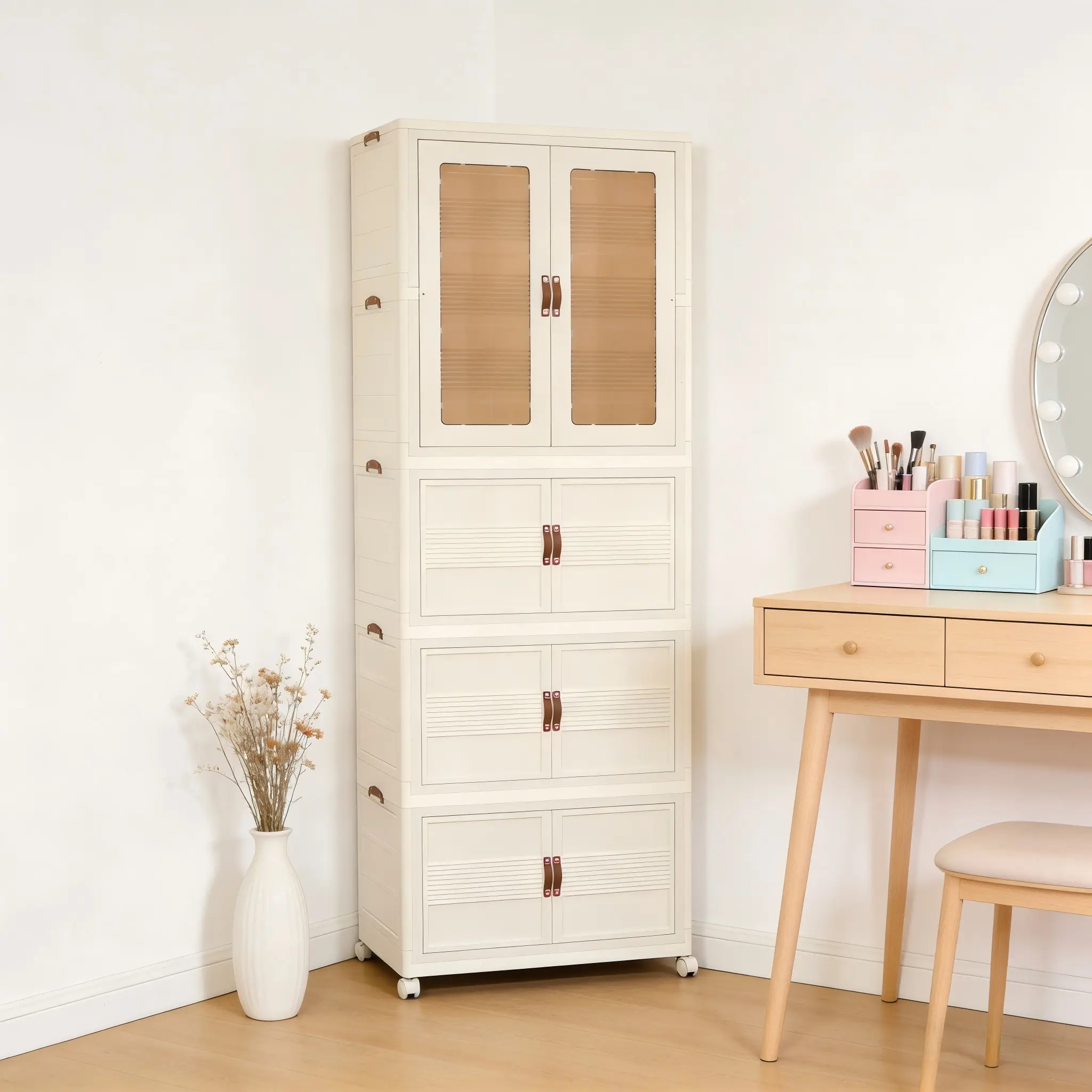 Stackable Plastic Storage Cabinet with Wheels - Space-Saving Folding Multi-Layer Modern Organizer, 3-Compartment & 2-Tier Shelving & Storage for Closet, Bedroom, Kitchen, Stackable Cabinets, Multi Layer Cabinet