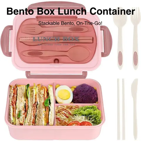 Stylish BPA-Free 3-Part Separation Geometric Adult Classic Lunch Box - Large 3-Compartment Leakproof Tableware Container with Handle, Nylon Sealing Strap, Stackable All-in-1, Chopsticks & Food-Safe Plastic Utensils for Work & School