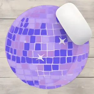 Kawaii Retro Purple Disco Ball Design Round Gaming Mouse Pad, Aesthetic Desktop Decorative Protective Pad, Rubber Anti-slip Lockedge Work Pad, Small Size Suitable for Laptop, Desktop Computer Games, Work, Family
