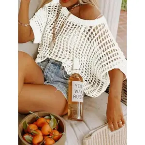 Womens Summer Scoop Neck Short Sleeve Sweater Casual Crochet Hollow Out Knit Tops Pullover Shirts Beach Coverup jacket long sleeve zip coat all-season outerwear dress denimjacket basic knit pullover chaquetas personalizadas strong defined up bolero