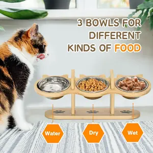 Pup Love Elevated Cat Food and Water Bowl Set, 3 Stainless Steel 15° Tilted Raised Bowls with Adjustable Heights Black Shelf Stand for Indoor Cats, Elevated Bowls