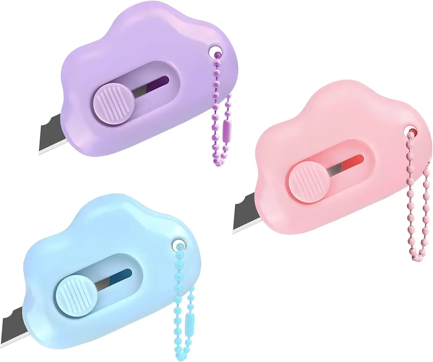 Cloud Shaped Retractable Box Cutter Set - 3 Pack with Key Rings,Stainless Steel Blade,Safe & Portable Letter Opener for Envelopes,Package,Mail,DIY,Paper Cutter for Home,Office,Outdoor (3 Color)