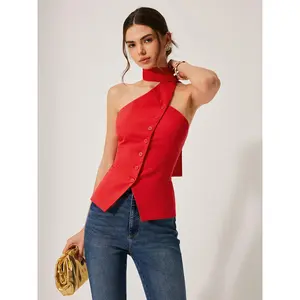 Cotton & Linen Halter Top With Decor Pockets