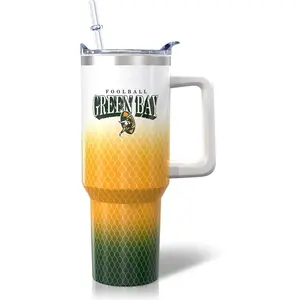 40oz Round Vacuum Insulated Stainless Steel Tumbler - Green Bay City Classic Reusable Coffee Cup, Portable Travel Drinkware with Handle & Straw, Kitchenware for Football Fans, Gift-Worthy Companion, Reusable Coffee Cups