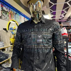 LAMASI Men's White Western Shirt with Embroidered Details and Button Closure for Casual Wear Long Sleeve