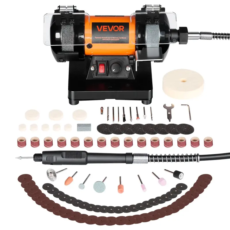 VEVOR Bench Buffer Polisher with Transparent Splash Guard, Adjustable RPM (8300-10600), Flexible Shaft, Fiber/Wool/Grinding Wheels, 100-Piece Attachment Kit, Support Rest, Easy to Move for Metal, DIY Projects