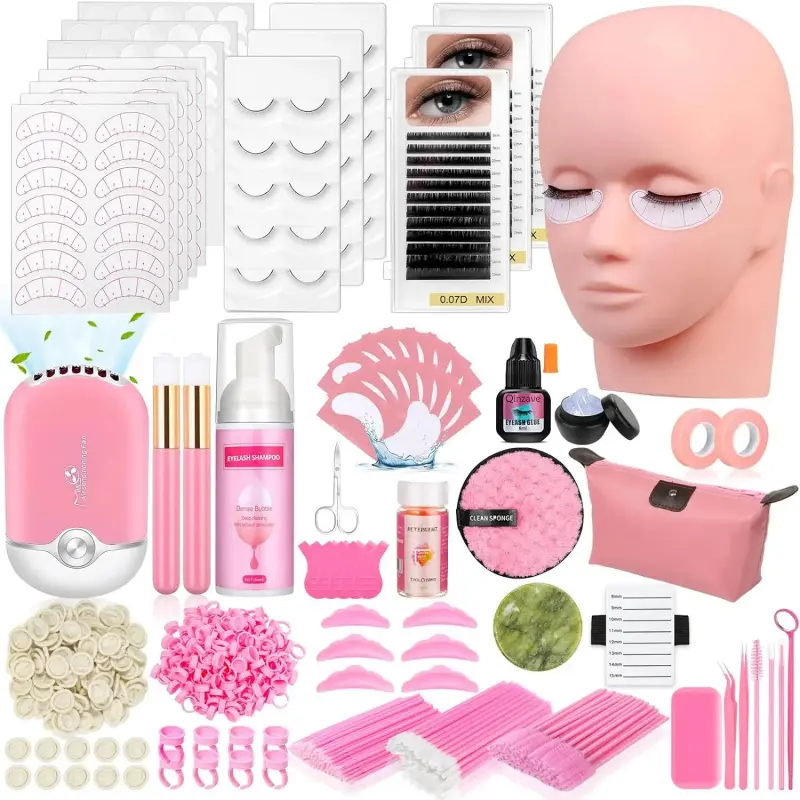 470PCS High-Quality Eyelash Extension Practice Kit for Beginners - Cosmetic Training Set with Silicone Mannequin Head, Eyelash Glue, Shampoo, USB Fan, Curler, Latex Finger Cots, Storage Bag, Tech-Enhanced Organizer, High-Quality Silicone Mannequin Head