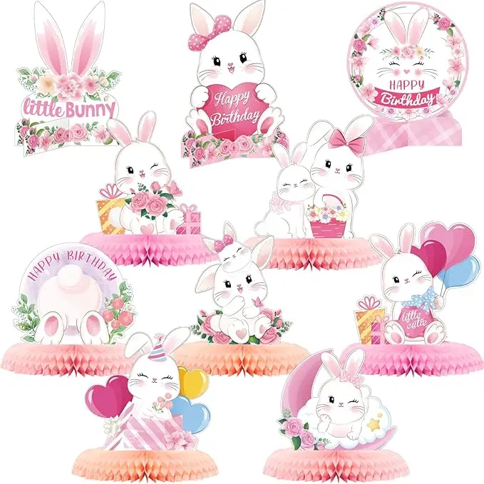 Easter 10 Pcs Rabbit Table Decorations - Cute 3D Honeycomb Centerpiece for Girl Birthday Party, Baby Shower Supplies