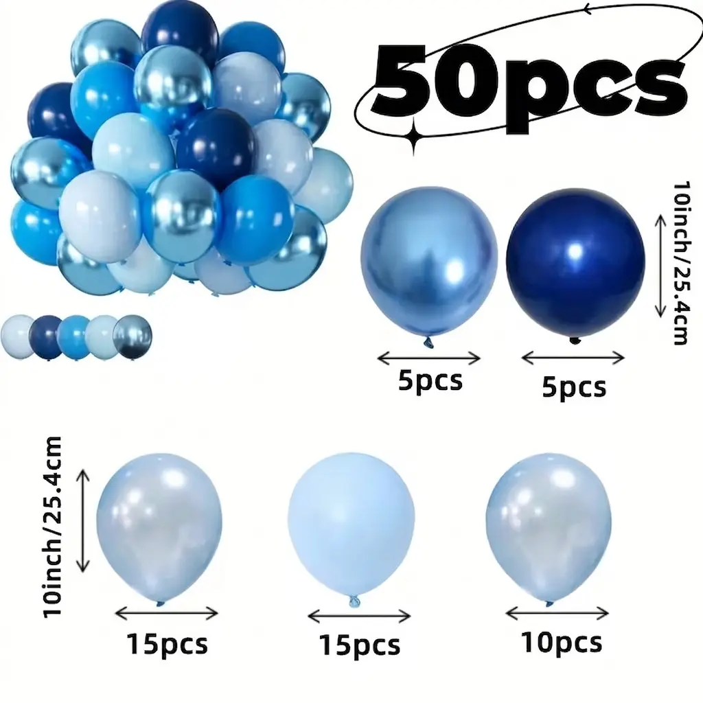 50-Pack Metallic Blue Balloons, Elegant Metallic Sheen, Deep Sky Blue & Light Blue, Party Decorations for Various Occasions, Balloon Party Supplies, Metallic Latex Balloons