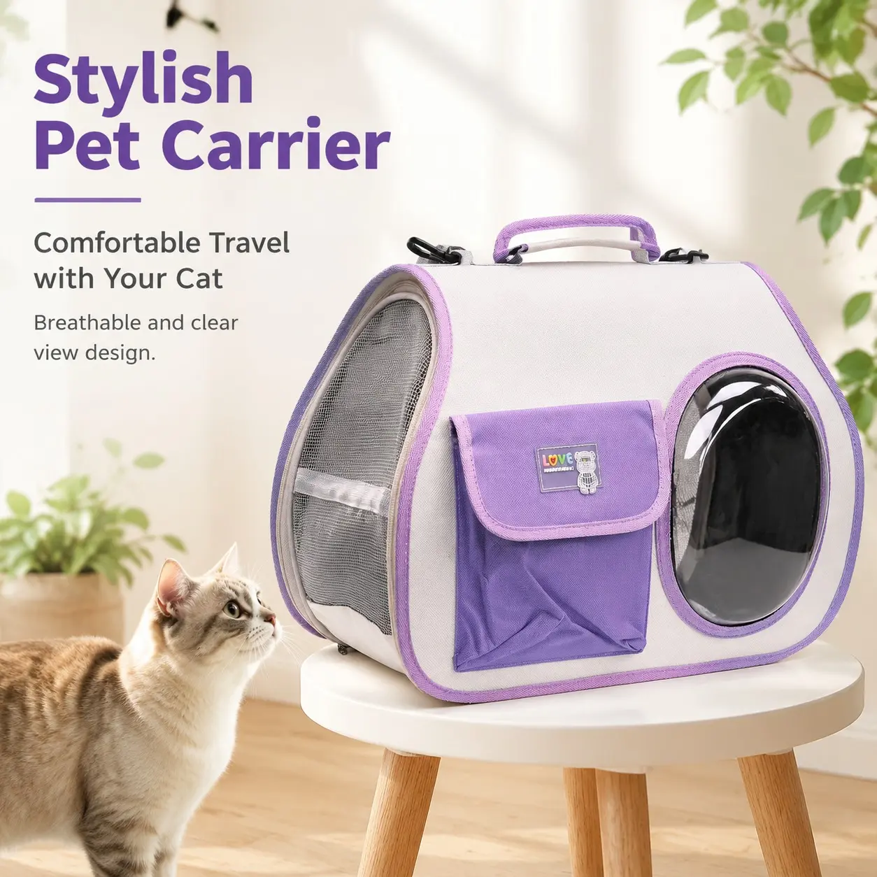 Purple Airline-Approved Cat Carrier Backpack, Breathable Soft-Sided Travel Crate for Cats, with Clear Window and Comfortable Shoulder Straps Visibility