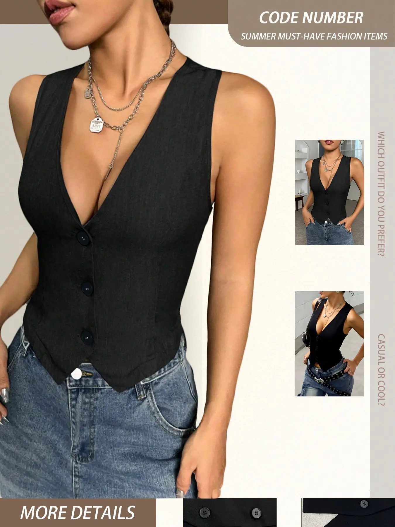 Summer New Tiktok Fashion Trend Women's Tops Basic Casual Suit Plain Solid Vest Sleeveless Lightweight Jacket Gilet, Sexy Plain Style, Short Clothing Length, Lady, Outfit