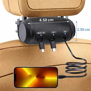 Multi Retractable 3-in-1 Car Charging Station – Fast Headrest Charger Box for iPhone, Android & USB-C Perfect for Uber & Lyft Passengers