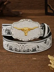 Vintage Bull Head Belt, Sparkling Western Rhinestone Belt, Bohemian Animal Print Faux Leather, All-Season Accessory, Ideal Gift for Men and Women