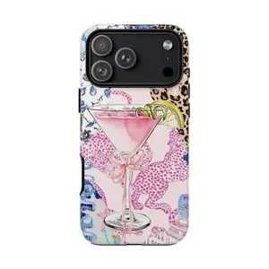 A Martini in a Wild Jungle iPhone Case – Pink Cocktail Leopard Art Glossy Tough Phone Case for iPhone 7–17 Pro Max