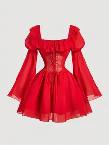 Women's A-Line Vintage Dress with Bow Tie, Long Sleeve One Shoulder Babydoll Dress, Fall Fashion, Commuter Wear, Valentine's Day Gift