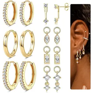 CASSIECA Gold-Plated Hoop Earrings for Women – Hypoallergenic Gold-Plated Hoops Cartilage Earring Sets for Multiple Piercing Dainty Silver Huggie Stud Earring Stacks with Charm