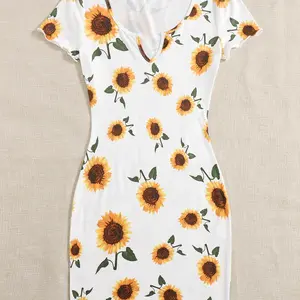 Sunflower Print Notch Neck Short Sleeve Bodycon Dress