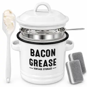 46oz Enamel Bacon Grease Saver with Strainer, Lid & Spatula, Vintage Farmhouse Bacon Fat Storage Can with 2 Cleaning Sponges, Multi-Color Cooking Oil Keeper Kitchen filter container utensil bbq safe filter kitchen