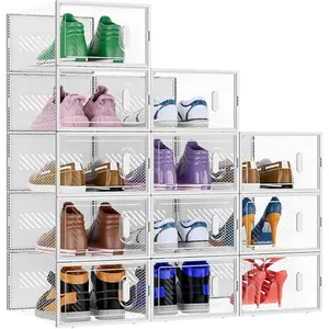 12 Pack Stackable Shoe Storage Boxes Fit Size 9, Thickened Clear Shoe Box Bins with Lids, Plastic Foldable Organizer Sneaker Storage Containers (12 Pack, Large White)
