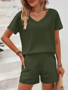 Two-Piece Set Women's Solid Color V Neck Tee & Shorts, Casual Fit Short Sleeve T-shirt & Shorts for Spring & Fall, Ladies Clothes for Daily Wear, Pajama, Loungewear, Womenswear