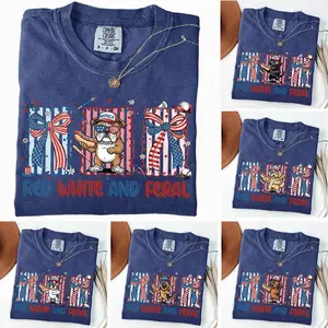 Red White and Feral Dog T-Shirt, 50+ Dog Breeds USA 250 Years Design, Funny 4th of July Tee, Patriotic Dog Lover Shirt, Independence Day Gift, Casual Everyday Wear, True Navy Color - AL