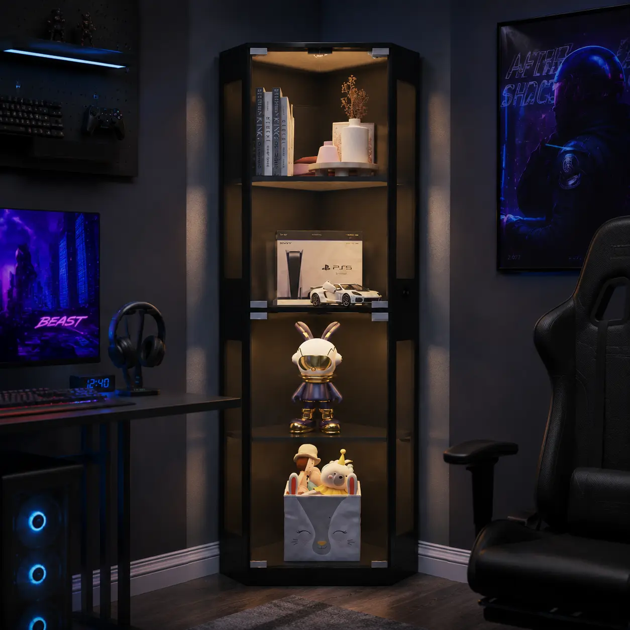 65" 4-Tier Corner Showcase, Glass Display Cabinet with Glass Doors, 3 Color LED Lights, Human Body Sensor & Adjustable Shelves, Black Display Case for Collectibles, Liquor and Game Room curio cabinet bookcase brottar multi layer